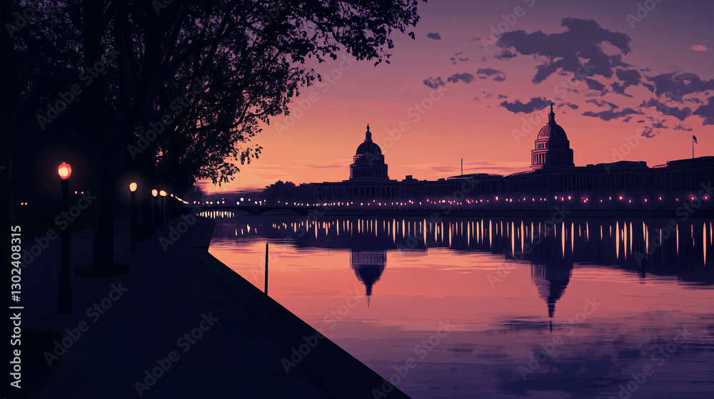 Obraz premium A serene evening scene featuring a river reflecting city buildings under a colorful sky, framed by trees and lights along the shore.