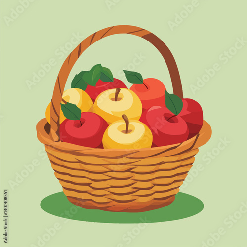 A flat 2D vector illustration of a basket filled with fresh apples.