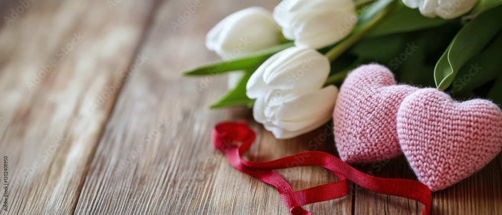 Romantic still life with white tulips, pink knitted hearts, and red ribbon on rustic wooden table Concept of love, Valentines Day, and handmade gifts Romantic still life with white tulips, pink knitted hearts, and red ribbon on rustic wooden table Concept of love, Valentines Day, and handmade gifts