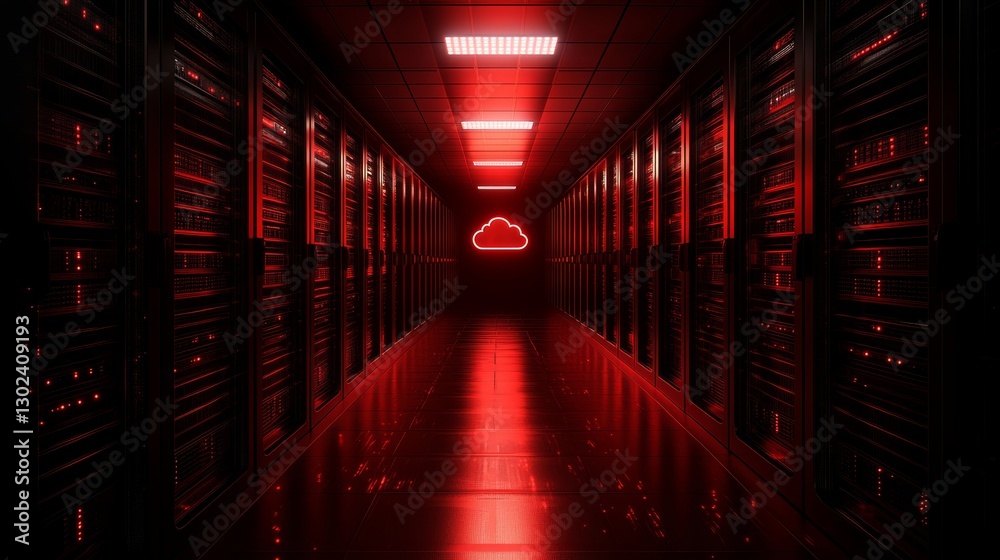 Fototapeta premium A futuristic data center is depicted with a cloud icon above it, and light beams extending to the servers below, illustrating the move from legacy systems to cloud computing