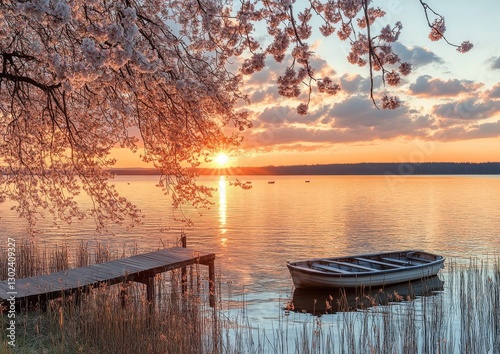 Watercraft on a quiet lake, capturing the splendor of the scenery photo