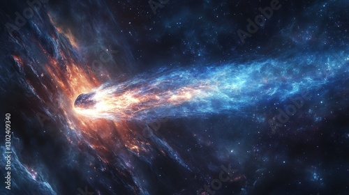 A celestial masterpiece unfolds, as a comet, adorned with a luminous tail that stretches across the inky canvas of the galaxy, illuminates the night, casting a spellbinding glow on the universe.