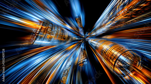 Futuristic cityscape with motion blur and glowing digital skyscrapers