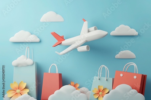 Airplane Flying Over Shopping Bags and Flowers Cute 3D Render