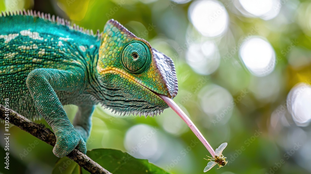 A chameleon flicking its long tongue to catch an insect