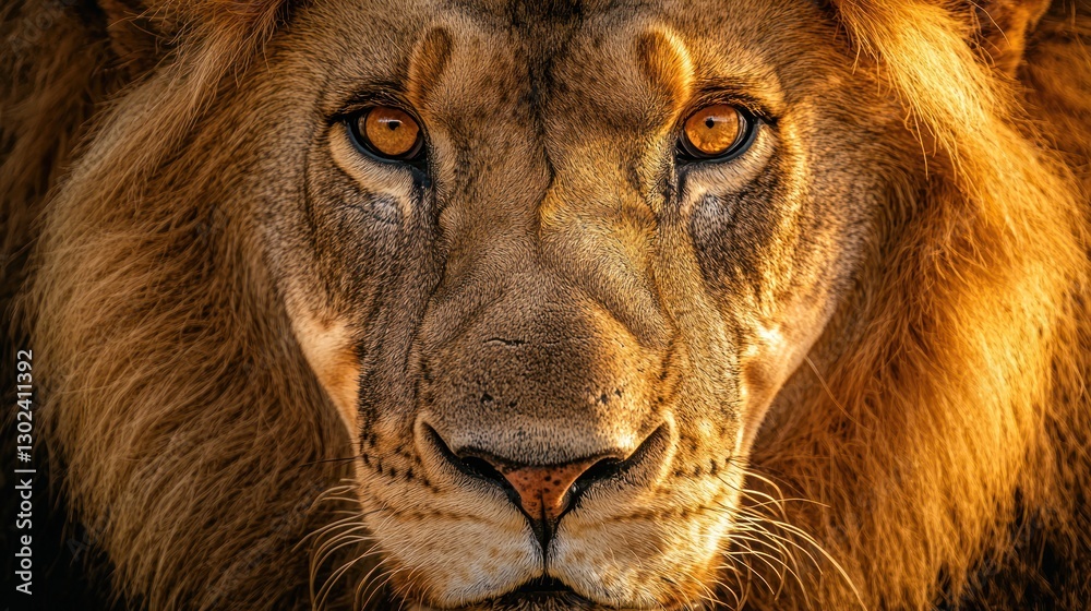 A close-up of a lion’s piercing amber eyes, framed by its thick, golden mane A close-up of a lion’s piercing amber eyes, framed by its thick, golden mane