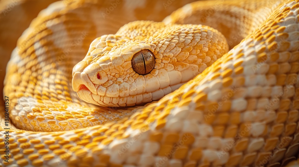 Obraz premium A close-up of a snake curled up, its scales glistening in the light