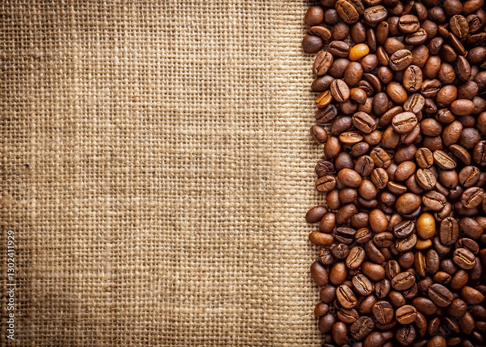 Fototapeta premium Coffee Beans Border on Jute Background - Rustic Coffee Image with Copy Space