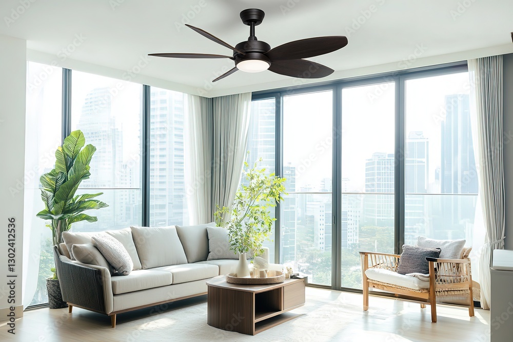 Fototapeta premium Modern Living Room with Dark Brown Ceiling Fan, City View, and Beige Sofa