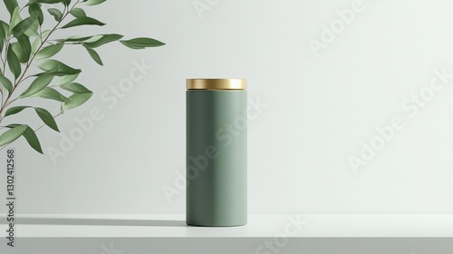 Wallpaper Mural A sleek, matte green yerba mate canister, adorned with gold accents, rests majestically in a minimalist mockup, its minimalist design exuding sophistication and elegance. Torontodigital.ca