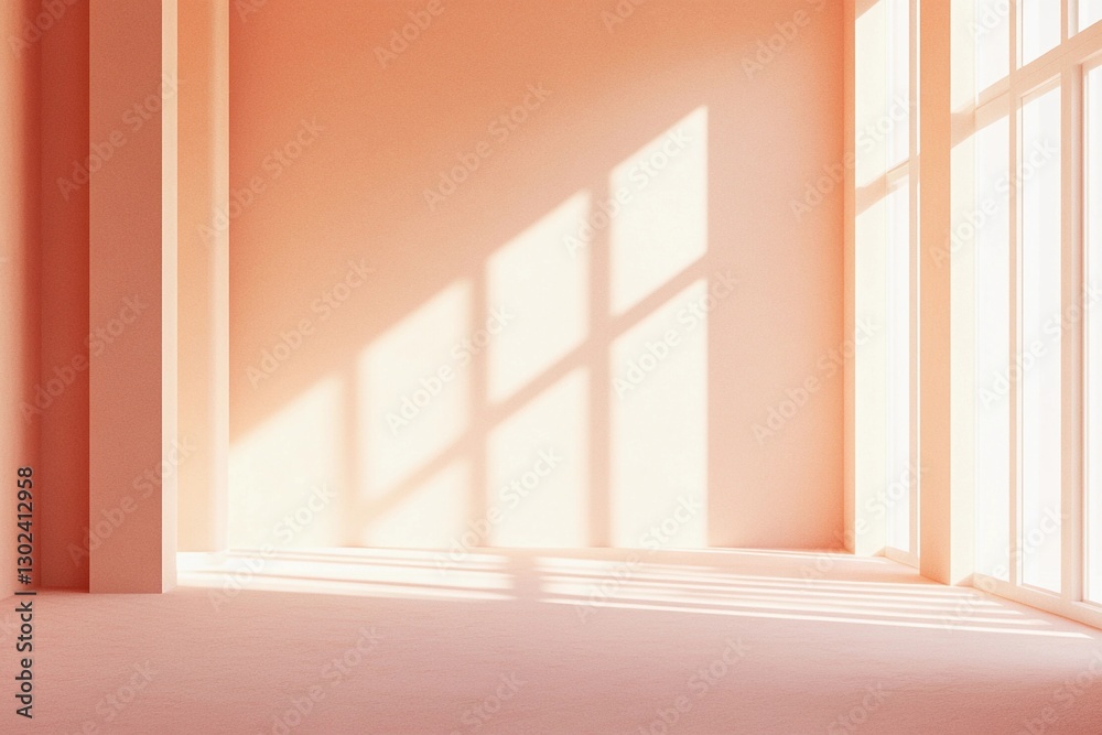 Fototapeta premium Sunlight Casting Soft Shadows in a Peach-Hued Room With Minimal Decor. Generative AI