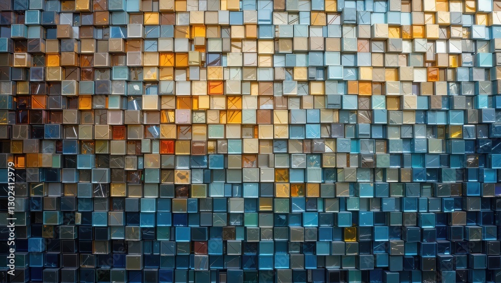 Fototapeta premium Geometric Abstract Wall Art Featuring Shiny Square Tiles in Blue and Orange Color Palette