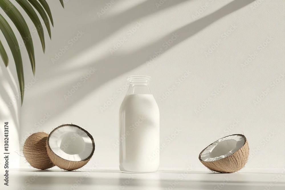Fototapeta premium Creamy Coconut Milk in Glass Bottle, Minimalist Product Mockup