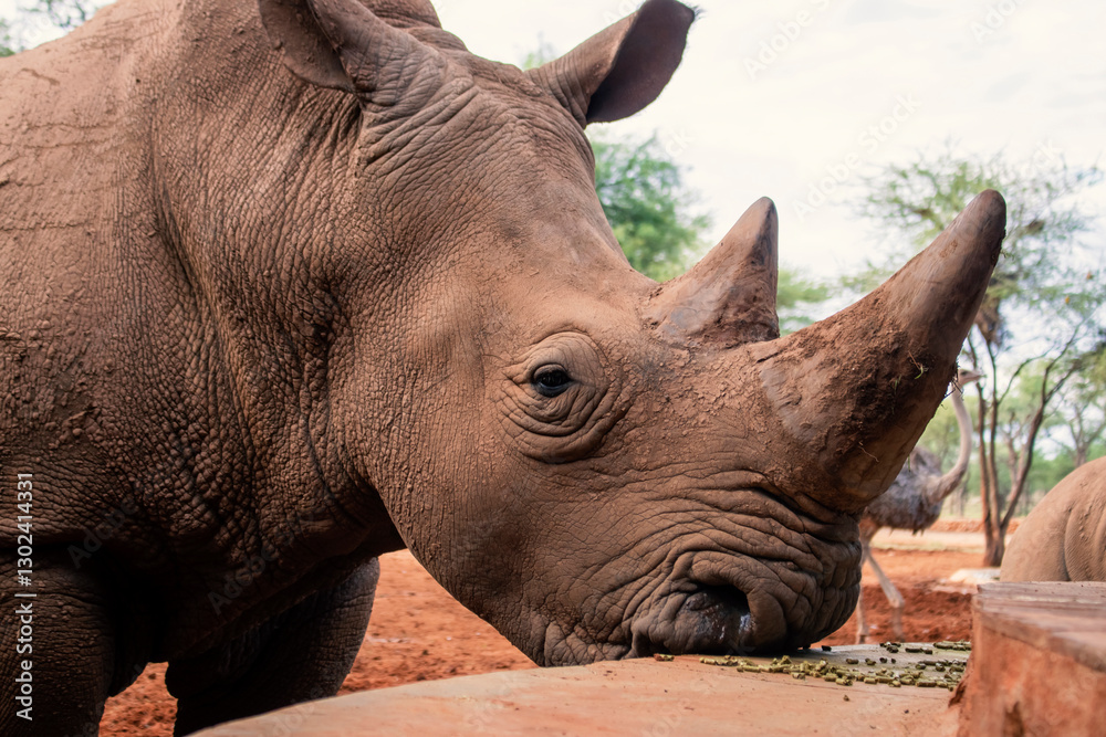 Fototapeta premium Wild african animals. Portrait of a white Rhino grazing in a National park