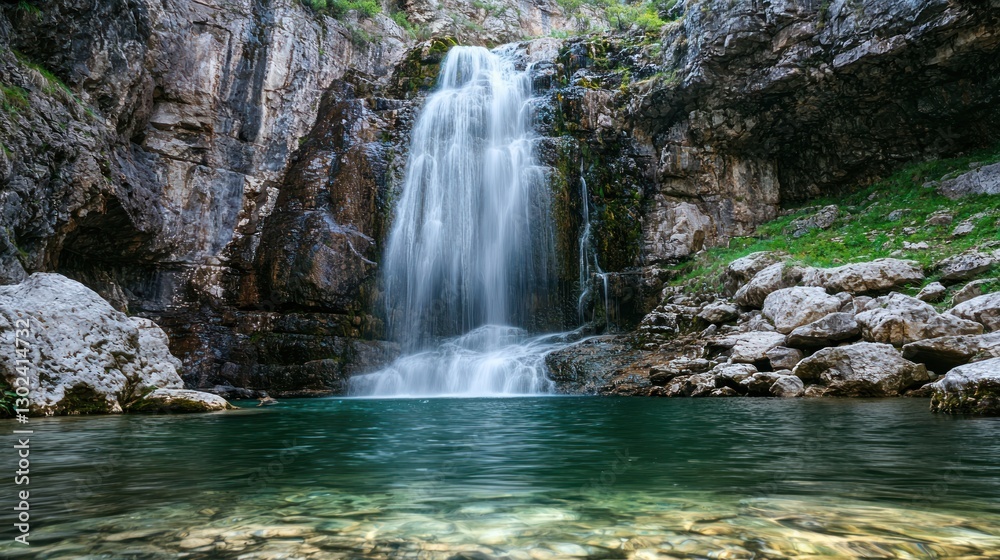 A dramatic waterfall cascading down rocky cliffs into a clear pool below