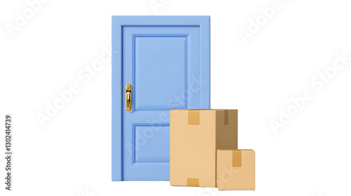 A sleek 3D rendered courier delivery concept featuring a stylish blue entrance door with a brown cardboard package placed in front  The package represents fast and reliable logistics online orders