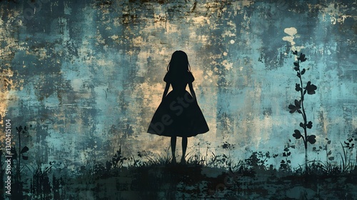 alice in wonderland vector stencil design on black Abstract grunge concrete wall with gold veins texture background