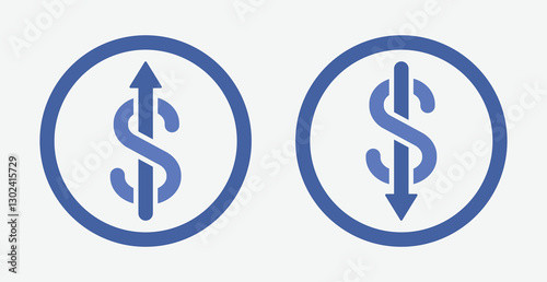 Set of dollar vector icons with arrows pointing up and down in blue in outline art style. Dollar increase and decrease icon symbol. Vector illustration
