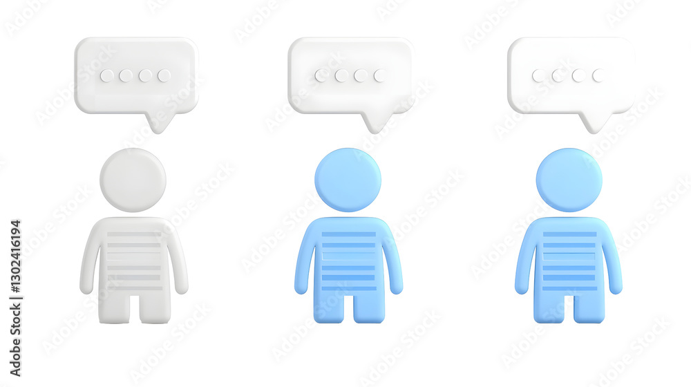 Minimalistic and modern 3D concept featuring stylized figures in bold colors engaged in an animated conversation with speech bubbles above their heads Minimalistic and modern 3D concept featuring stylized figures in bold colors engaged in an animated conversation with speech bubbles above their heads