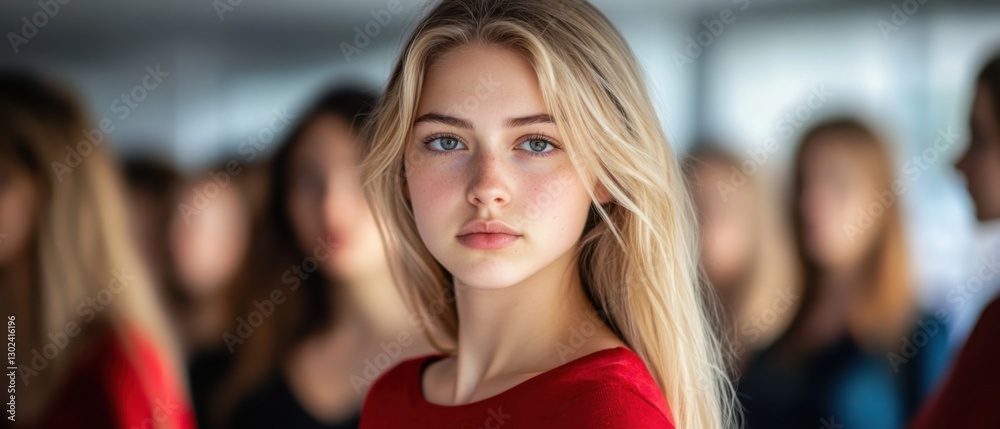 Fototapeta premium Portrait of a serene blonde teenage girl with blue eyes and freckles, wearing a red top, posing indoors with a blurred group of people in the background