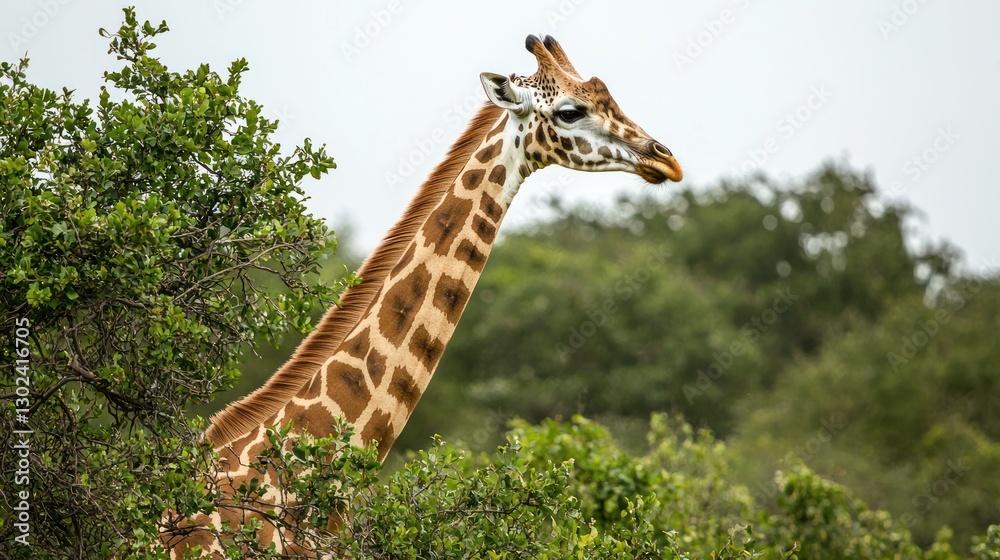 Fototapeta premium A giraffe stretching its long neck to reach leaves from a tall tree