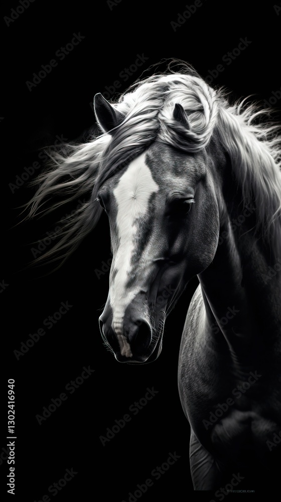 Fototapeta premium A Majestic Black and White Horse Portrait in a Dramatic Black Background