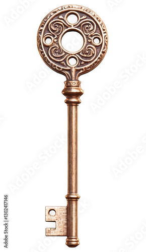Wallpaper Mural Ornate Key Design, Gold Color. Isolated png, transparent background. Decorative metal key with round head and intricate details. Torontodigital.ca