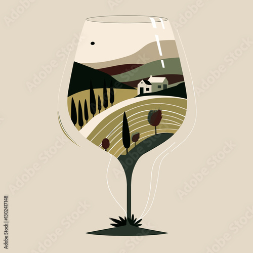 Artistic wine glass displaying vineyard and countryside scene in soft pastel colors
