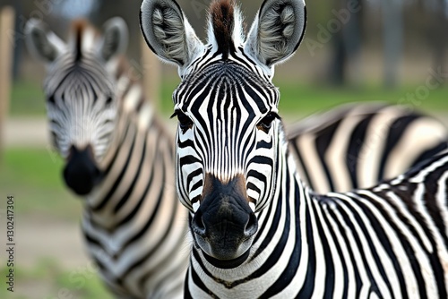 Close-Up of Zebra Faces on a Sunny Day in a Natural Habitat Environment
