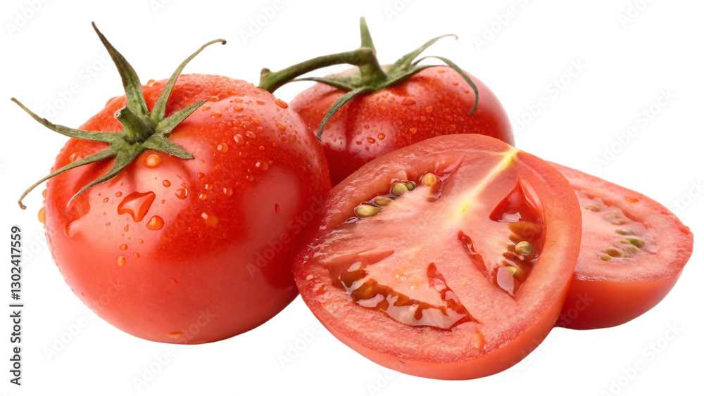Two whole fresh tomatoes alongside 2 perfectly halved slices tomatoes isolated on white background. Suitable for marketing or business purposes. PNG file Two whole fresh tomatoes alongside 2 perfectly halved slices tomatoes isolated on white background. Suitable for marketing or business purposes. PNG file