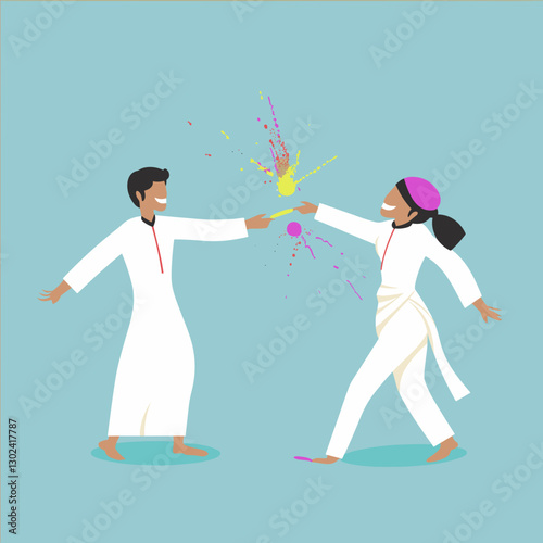 Celebrating Holi festival with colorful powder splashes and joyful interactions