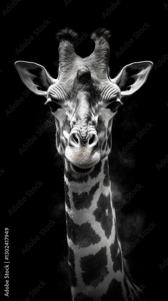 Naklejka premium A Portrait of a Giraffe in a Dramatic Black and White Setting