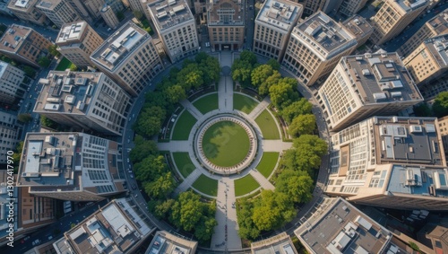 Aerial View of Circular Park Surrounded by Residential Buildings in an Urban Setting