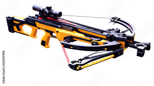 Yellow Black Crossbow with Scope and Arrow PNG transparent isolated. Modern crossbow weapon with optic sight and bolt resting.