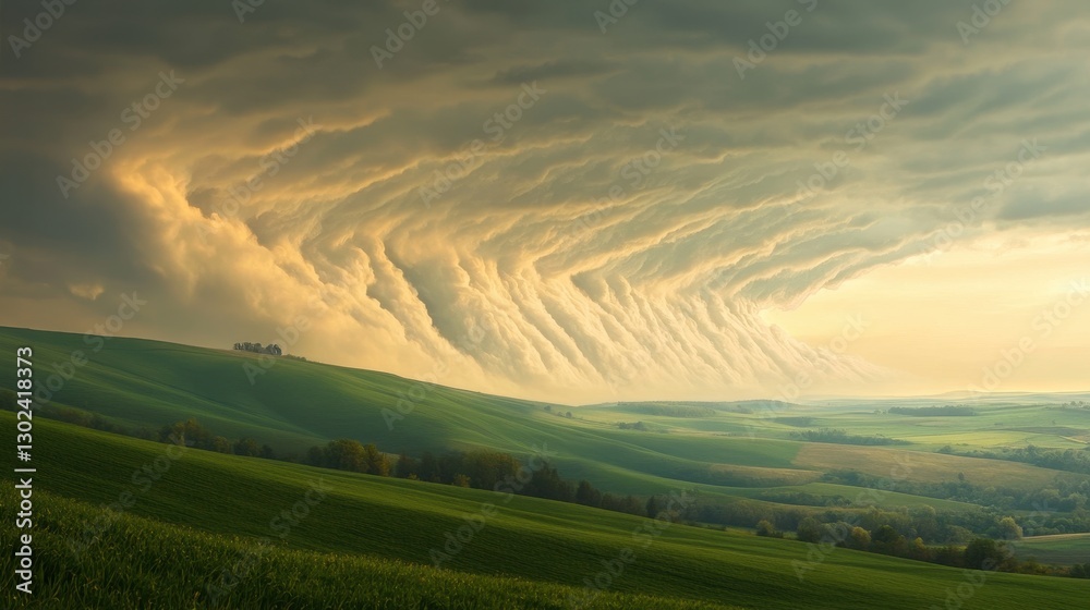 Fototapeta premium Dramatic Sky Over Rolling Green Hills with Cloud Formation