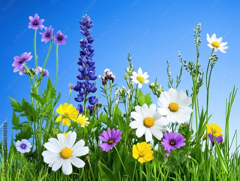 Fototapeta premium Vibrant wildflower meadow under a clear blue sky, showcasing nature's beauty