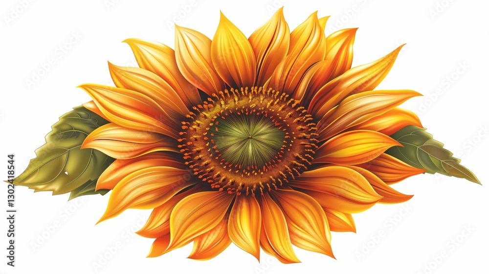Fototapeta premium A vibrant sunflower in full bloom with golden petals and a deep brown center, isolated on white.