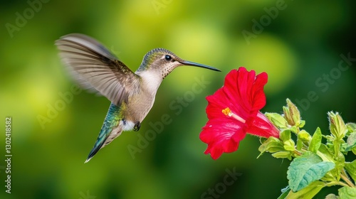 A hummingbird hovering near a bright red flower, wings flapping rapidly