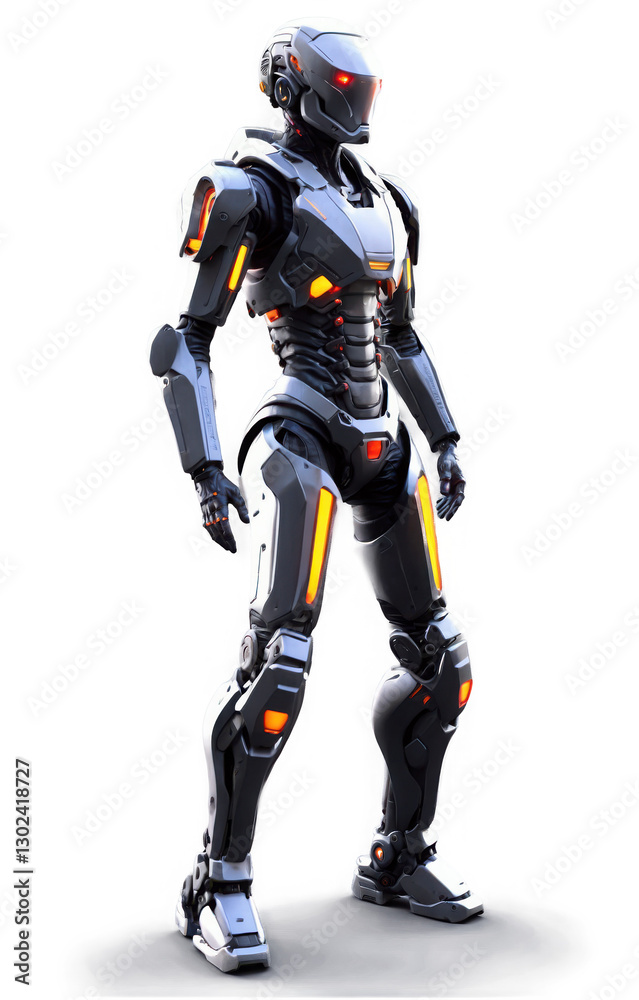 Shiny Robot standing, Silver Gray Body with Orange Lights, isolated png transparent Shiny Robot standing, Silver Gray Body with Orange Lights, isolated png transparent