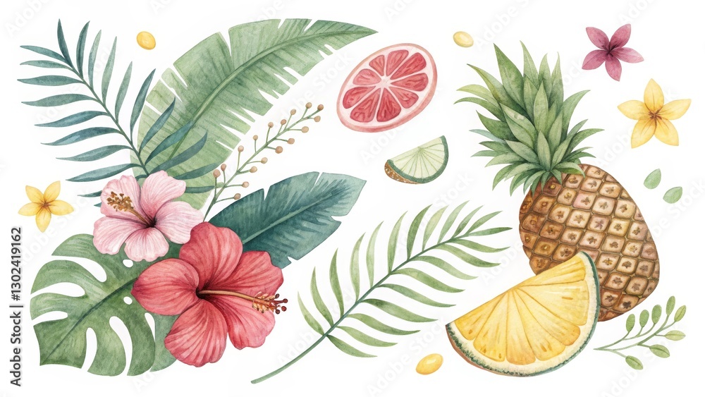 Fototapeta premium Watercolor Tropical Fruits and Flowers, Isolated on White Background, Floral, Pineapple