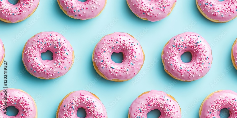 Centered on a serene light blue backdrop, this image captures a delectable pink-glazed donut adorned with playful sprinkles, exuding sweetness and charm Centered on a serene light blue backdrop, this image captures a delectable pink-glazed donut adorned with playful sprinkles, exuding sweetness and charm
