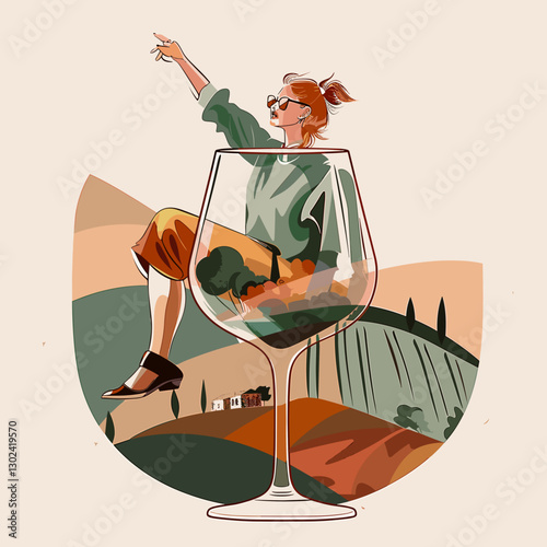 Artistic illustration of a person sitting on a wine glass while pointing towards a vineyard landscape