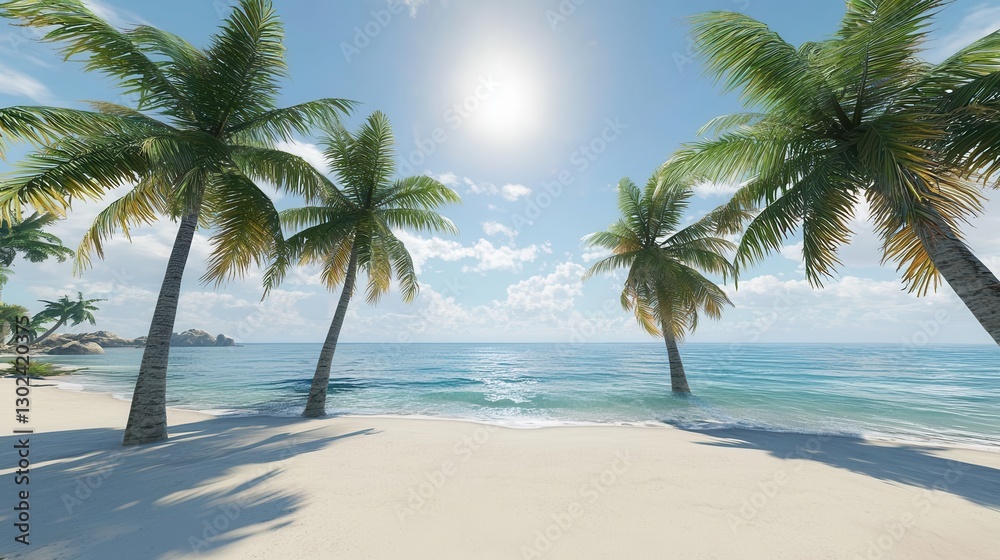 Fototapeta premium Idyllic Tropical Beach Scene Palm Trees Ocean and White Sand