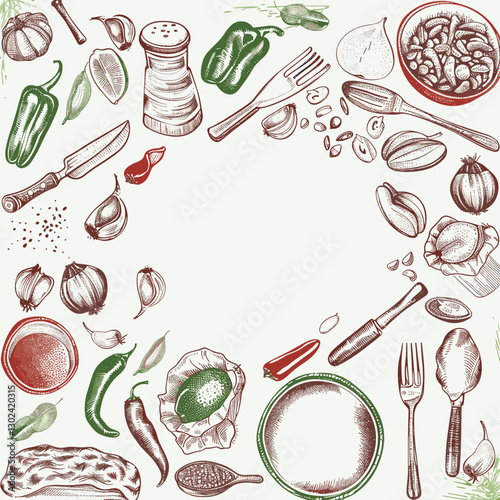 Vintage cooking frame with illustrated vegetables, utensils, and bowls for culinary decoration