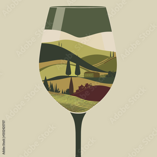 Stylized wine glass filled with an illustration of rolling hills and vineyards on a soft background