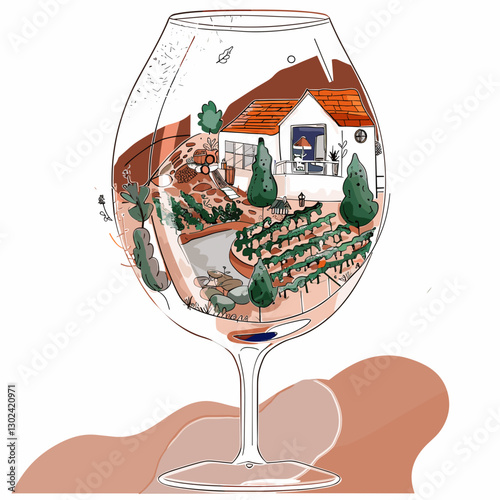 Artistic illustration of a wine glass showcasing a house and garden landscape inside