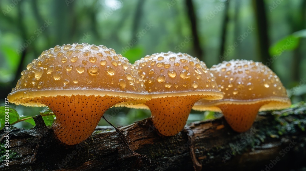 Obraz premium Dew-kissed mushrooms on a log in a rainforest. Use Nature, botany, wildlife, educational