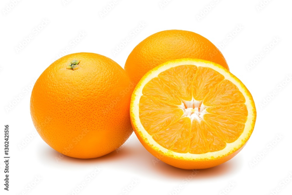 Orange fruit with leaves on white background
Orange fruit with leaves on white background