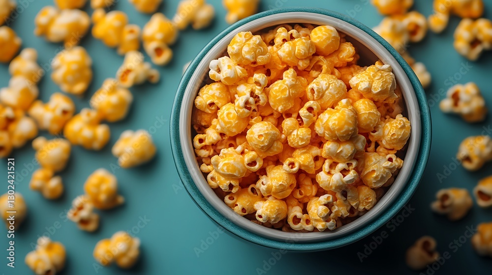 Popcorn in bowl, scattered on blue surface Popcorn in bowl, scattered on blue surface