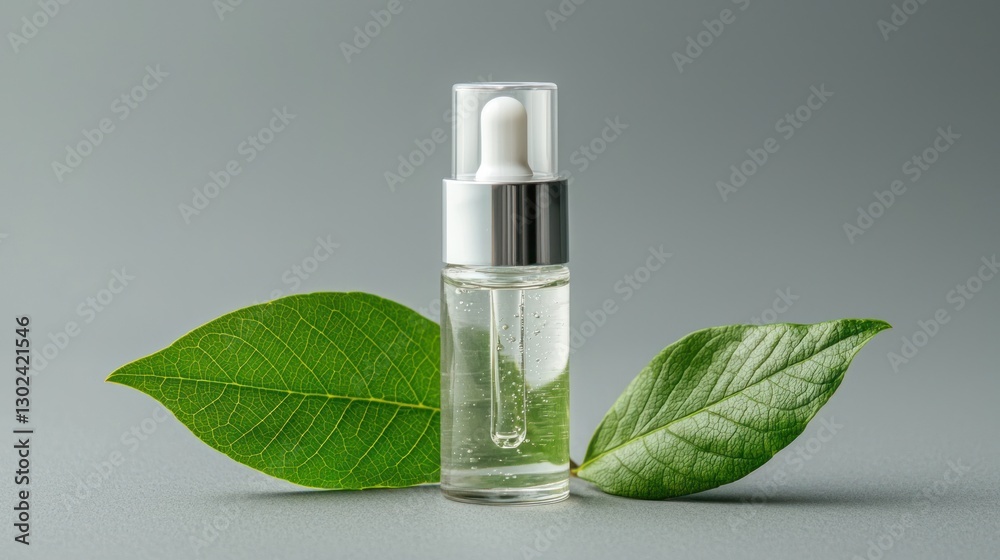Minimalist bottle of face serum with a fresh leaf beside it.